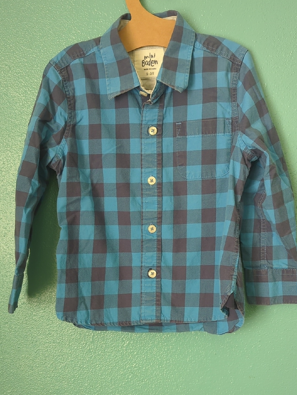 Mini Boden Blue and Navy Plaid Button-Up Shirt